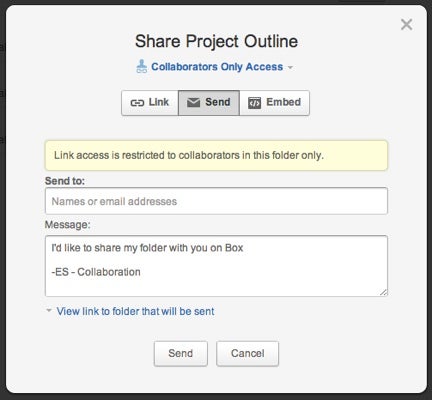 Screenshot of dialog box with text box to add names and email addresses to send to and a message