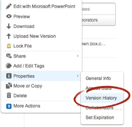 Screenshot of dropdown menu with properties and then version history selected